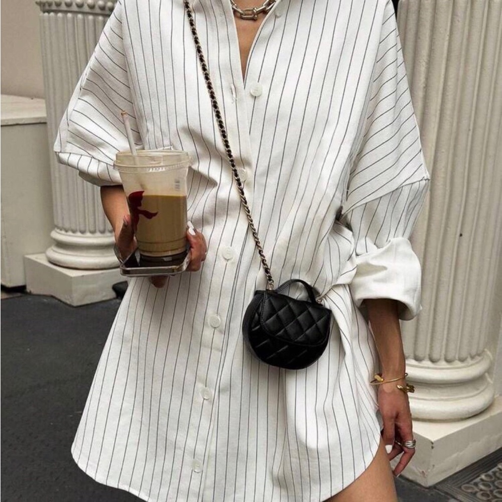 Women's White Pinstripe Button-Down Shirt Dress